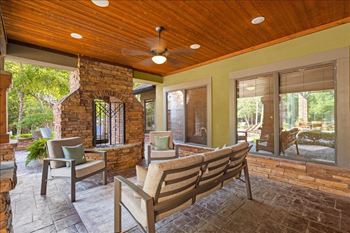 Covered patio with fireplace